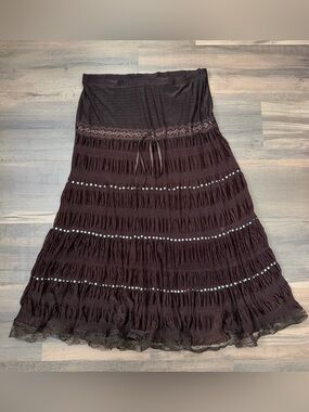 Vintage Y2K Misha USA Brown Lace Hem Tiered Sheer Overlay Maxi Skirt Size Large